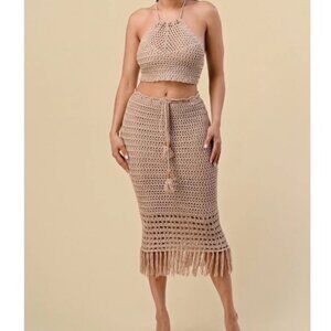 Beige Crochet Halter Top & Tassel Hem Skirt Set